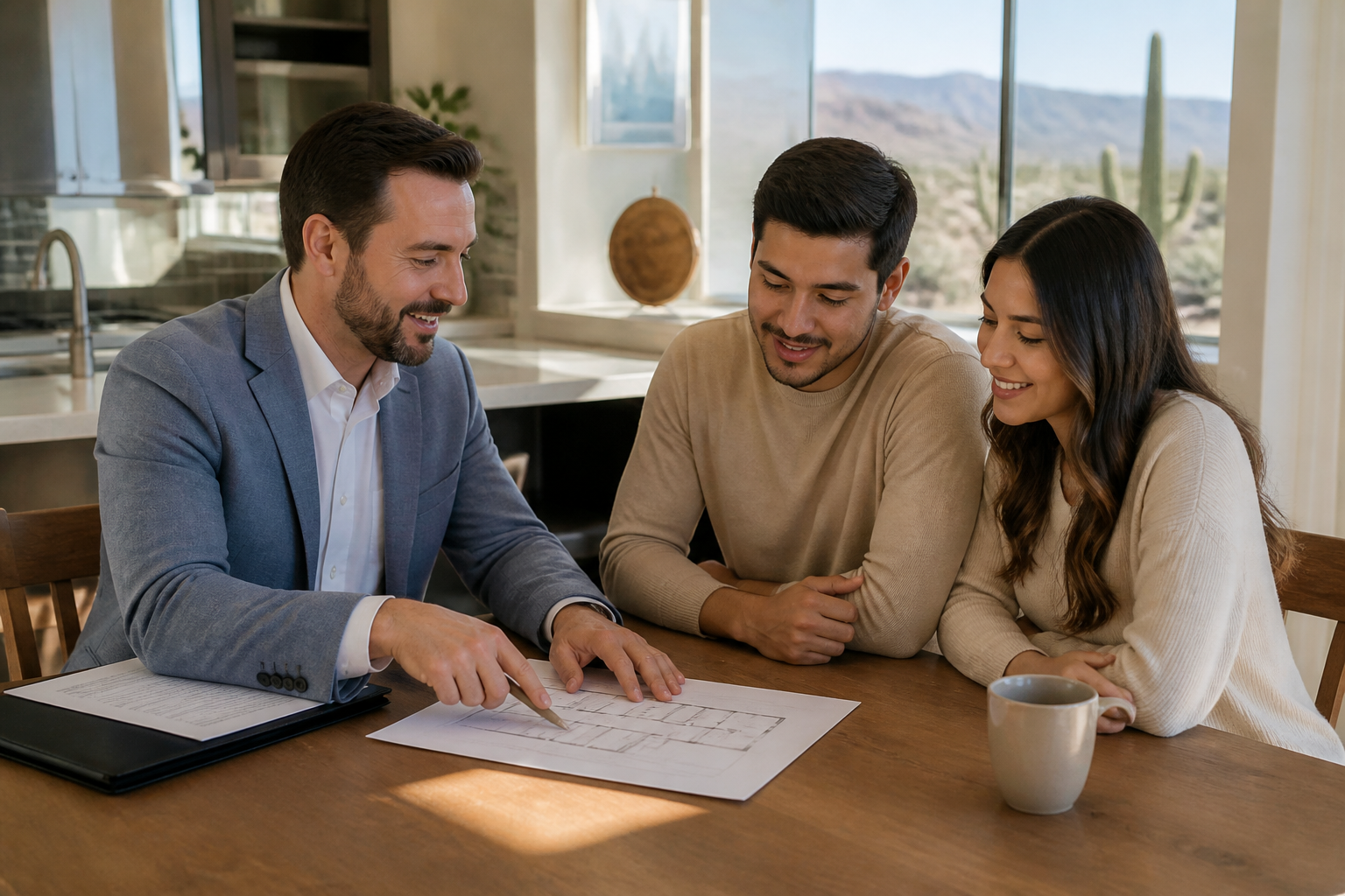 Joe Ramirez walking buyers through their options in a bright Arizona home